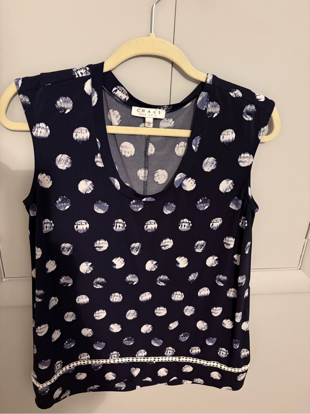 Chaus Navy and White Polka Dot Sleeveless V-Neck Tunic